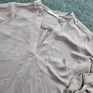 Lush Blouse Tunic Roll Tab Sleeve V-Neck‎ Split Neck Mauve Pink Small Womens Top